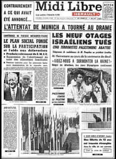 Le massacre des athlètes israéliens aux J.O. de Munich en Une du journal français Midi Libre, le 7 septembre 1972. Crédit : archives Midi Libre